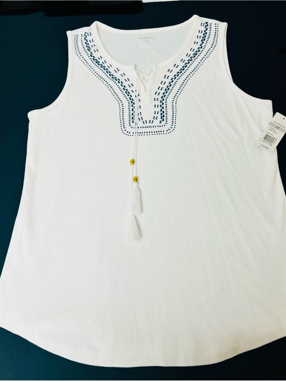 Kim Rogers White Tank Top with Navy Embroidery and Tassel - Picture 1 of 5